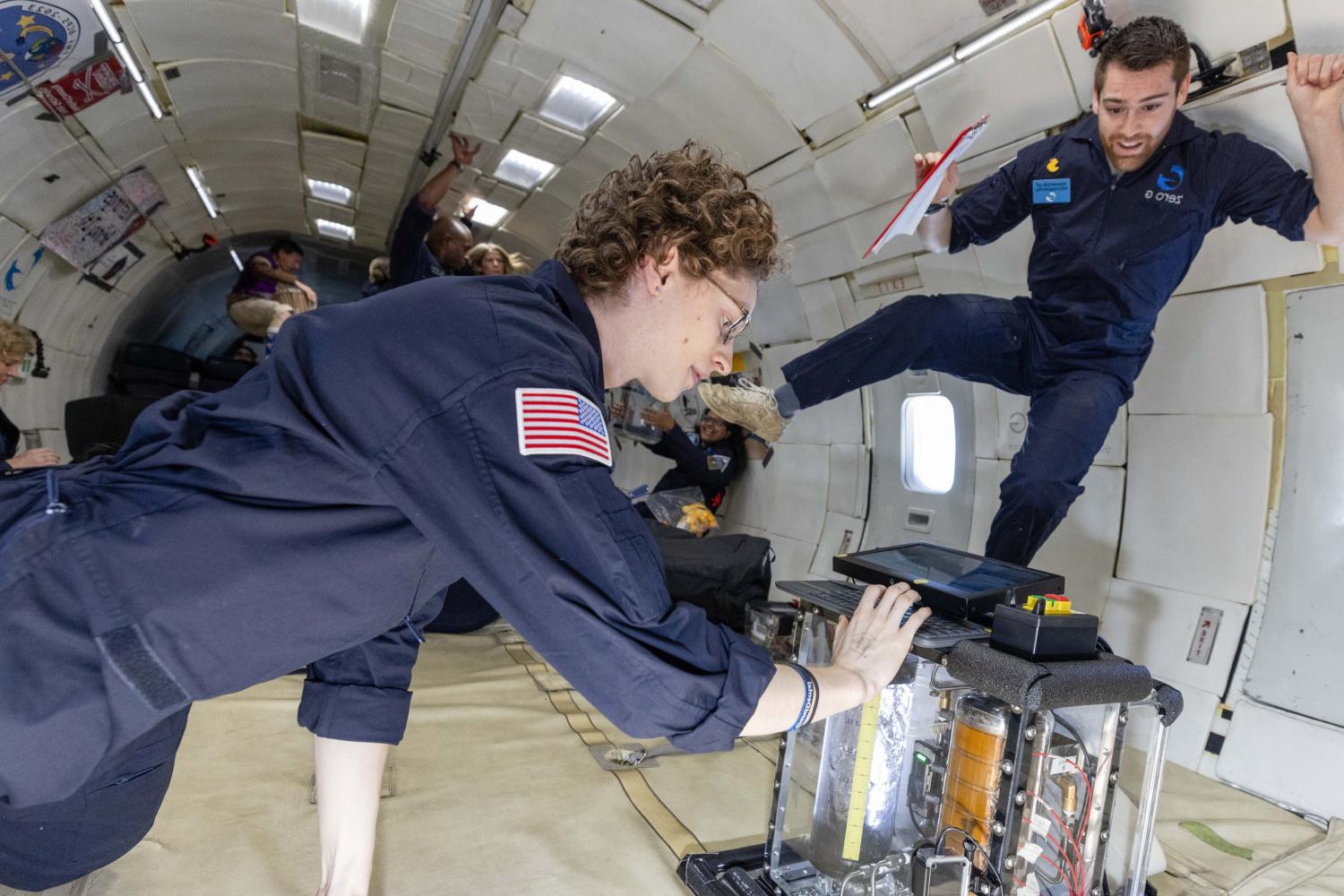 Carthage space science students testing their Microgravity Ullage Detection (MUD) experiment on a zero-g flight.