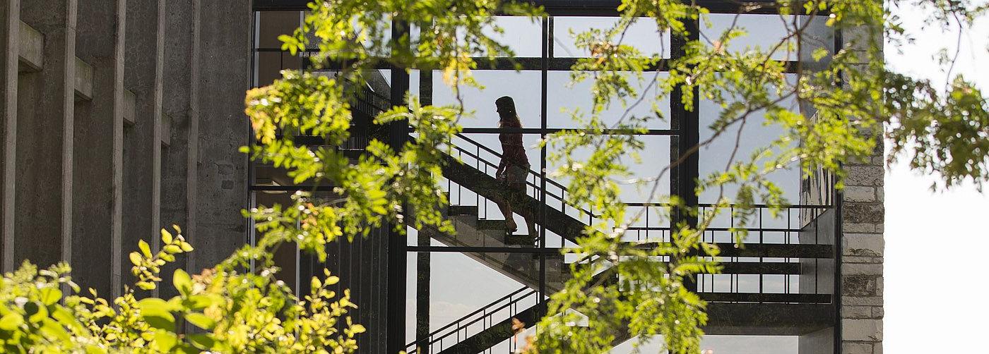 An exterior shot of Lentz Hall looking into the staircase. 